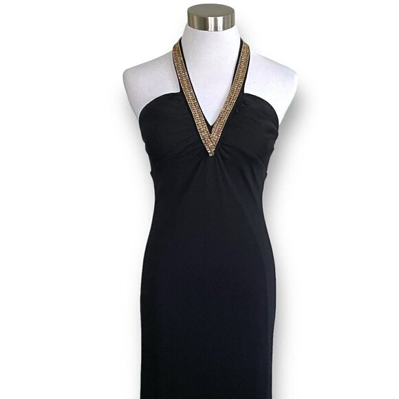 Y2K Vintage Prom Gown Sz P Petite Black Halter Rhinestone Halter Maxi Dress - Picture 4 of 12